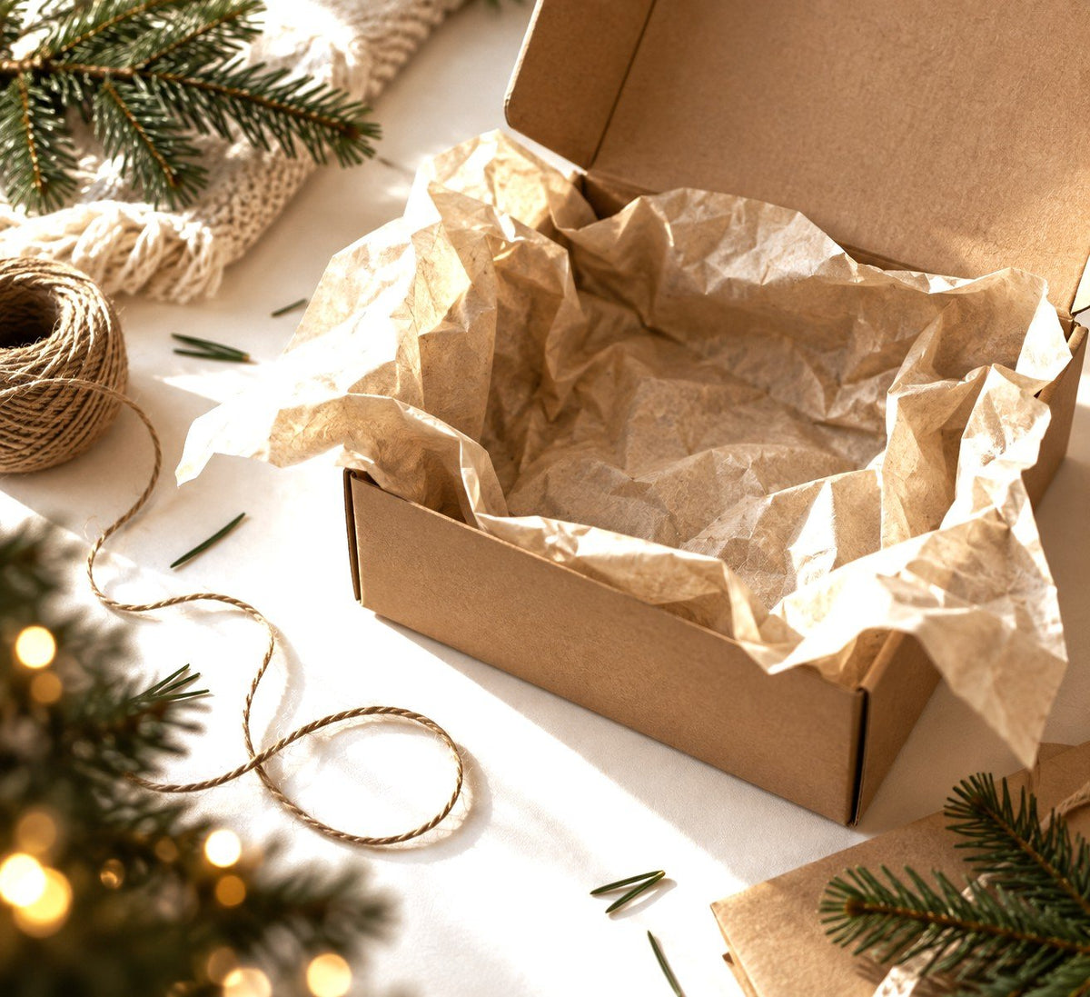 An open kraft parcel lined with tissue paper beside jute twine and pine needles