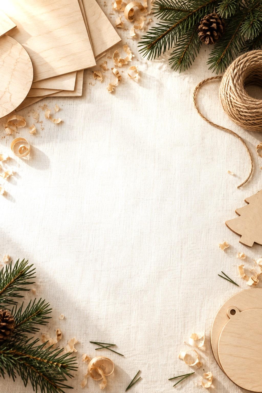 Birch plywood sheets, wood shavings, jute twine and pine sprigs on cream linen