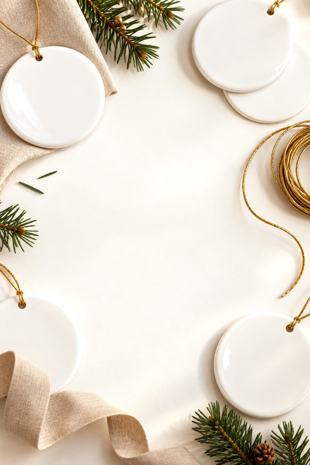 Blank white glazed ceramic discs with gold cord and pine sprigs on a cream surface