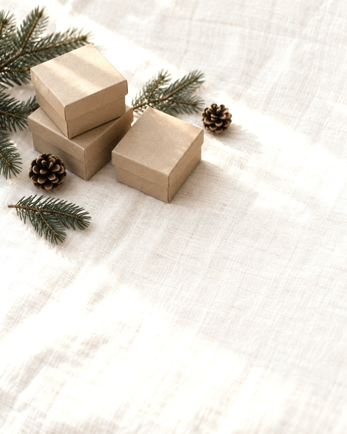 Three small kraft gift boxes with pine sprigs and pine cones on cream linen