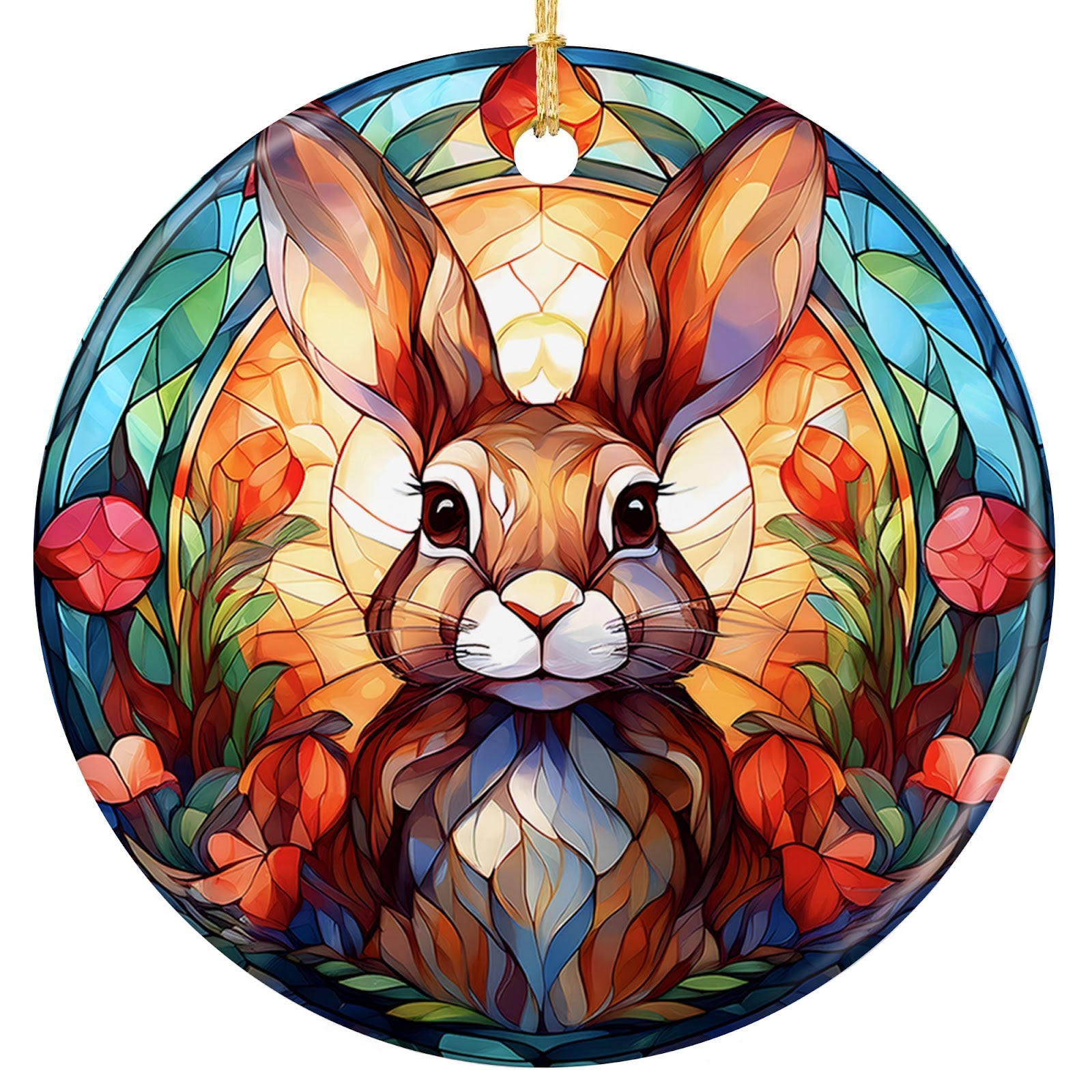 Leaded Glass Rabbit With Tall Ears Before an Amber Sunburst. Ceramic Keepsake for Rabbit Owners.