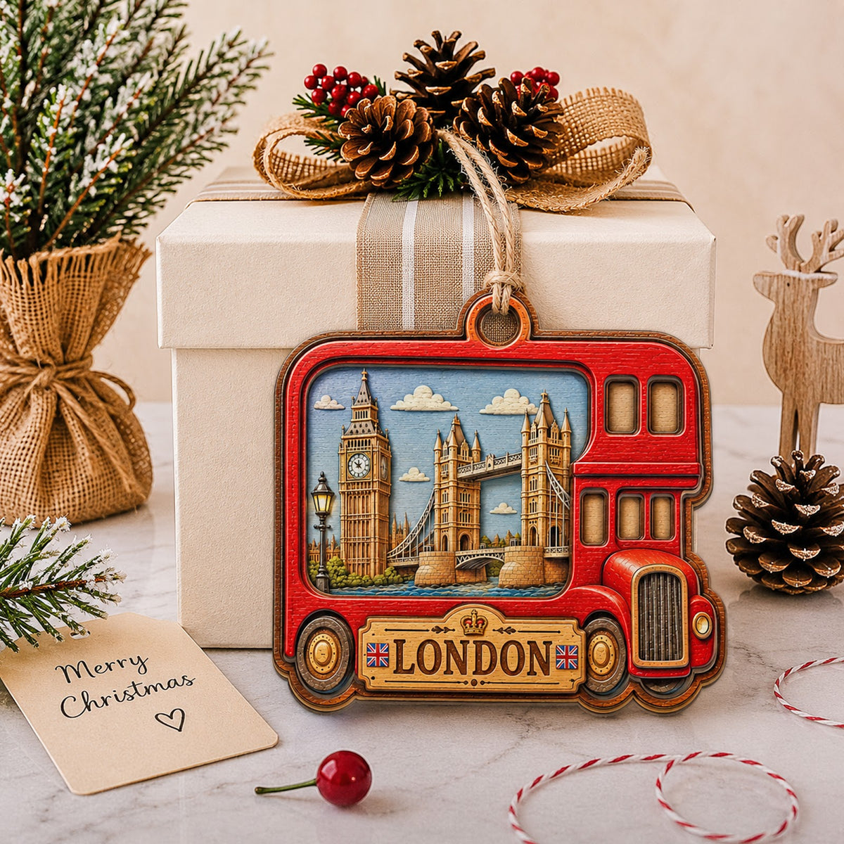 London Bus Christmas Ornament, England Tower Bridge Souvenir Gift, Wood Hanging Tree Decoration