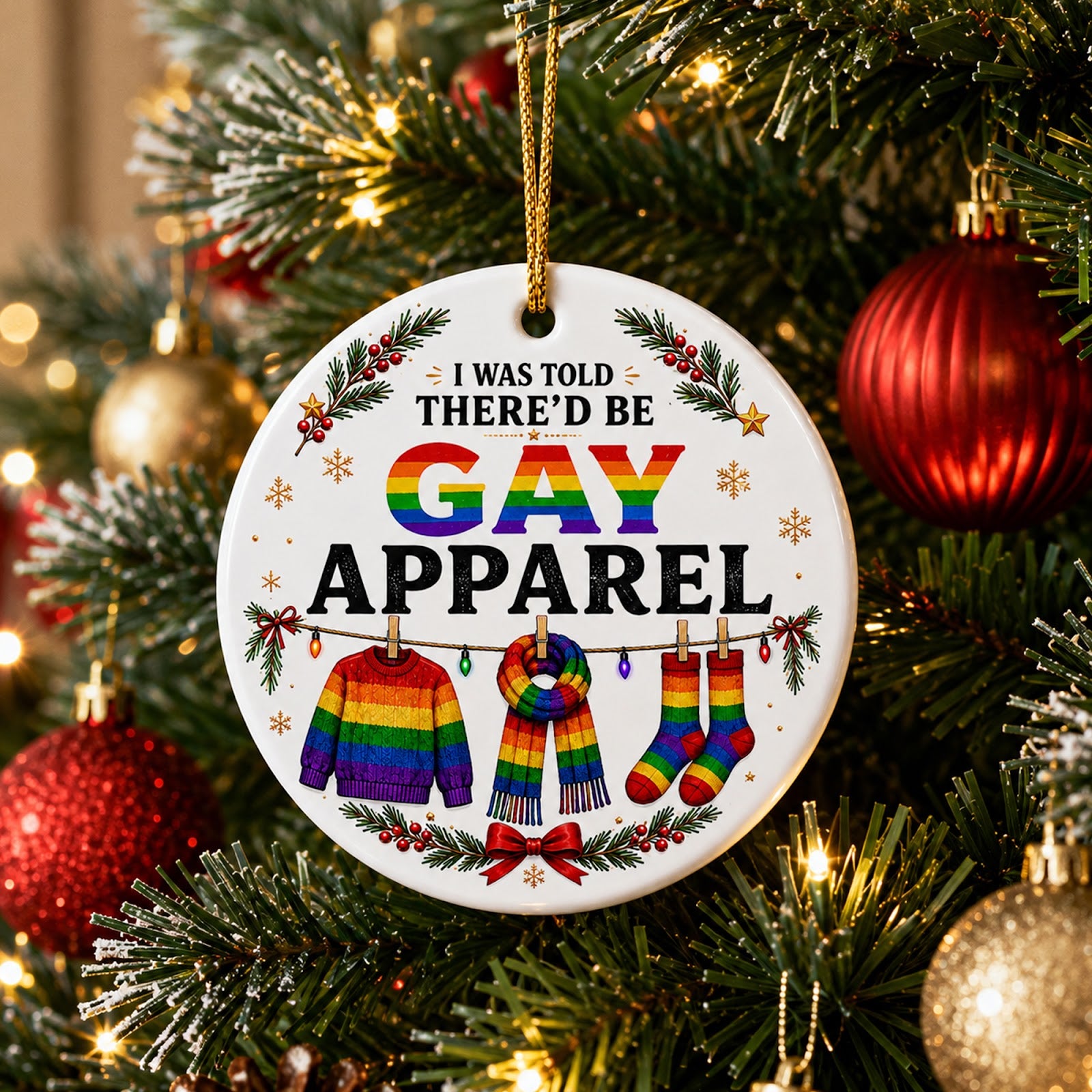 I Was Told There'd Be Gay Apparel Christmas Ornament, Funny Rainbow Christmas, Ceramic Ornament