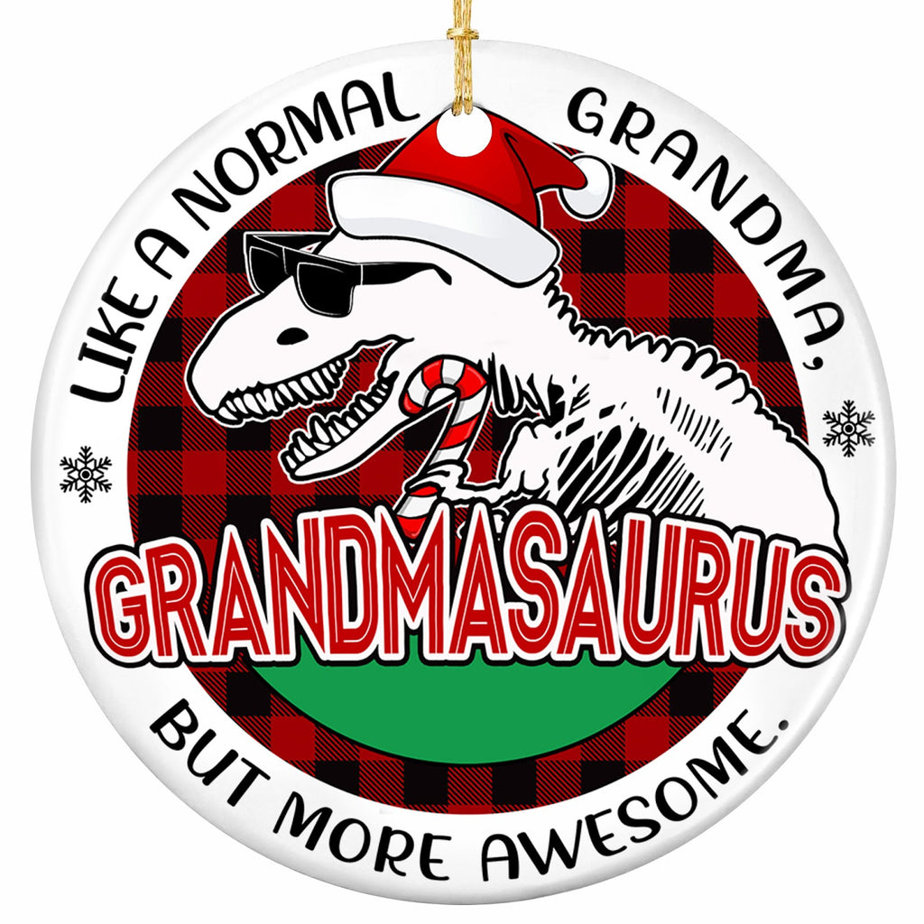 A T Rex Skeleton in Sunglasses and a Santa Hat Biting a Candy Cane on Buffalo Plaid. Ceramic Keepsake for Grandma.