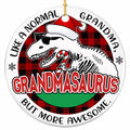 A T Rex Skeleton in Sunglasses and a Santa Hat Biting a Candy Cane on Buffalo Plaid. Ceramic Keepsake for Grandma.