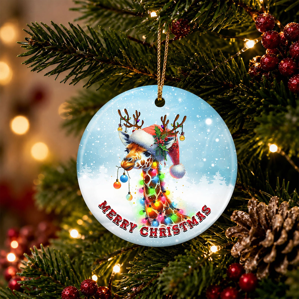 Giraffe Christmas Ornament, Santa Hat Safari Zoo Gift, Ceramic Hanging Tree Decoration