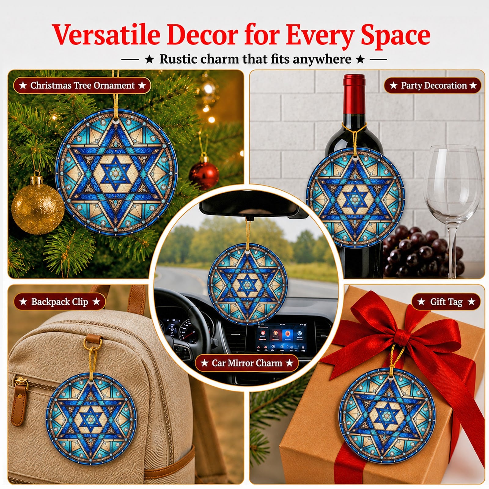 Star of David Hanukkah Christmas Ornament, Stained Glass Jewish Gift, Ceramic Tree Decoration