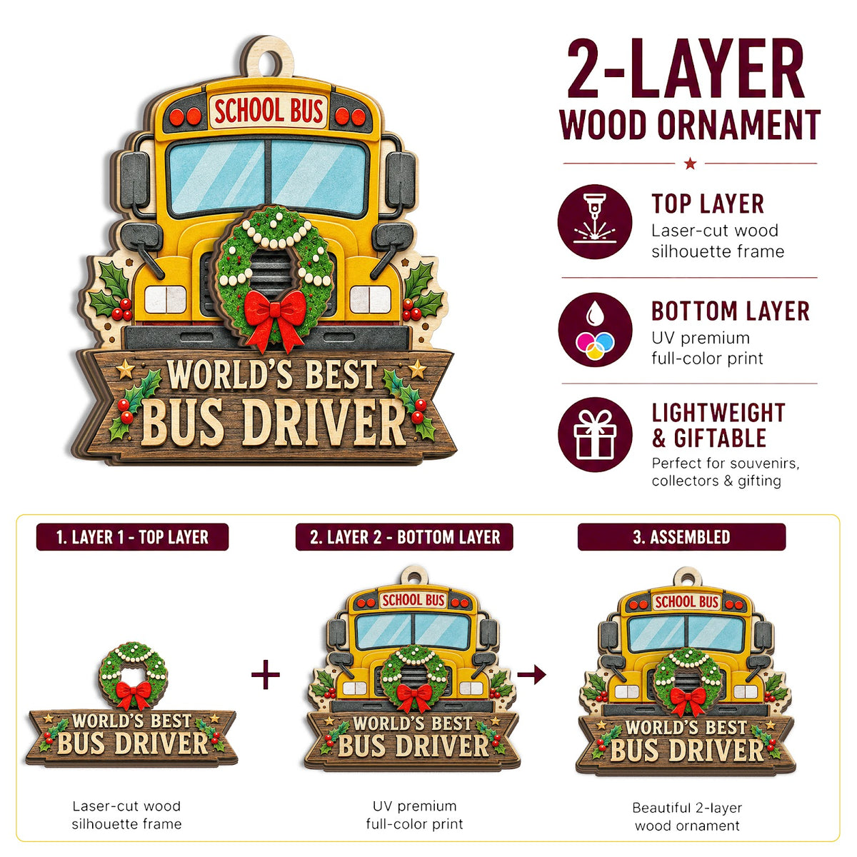 School Bus Driver Wood Christmas Ornament