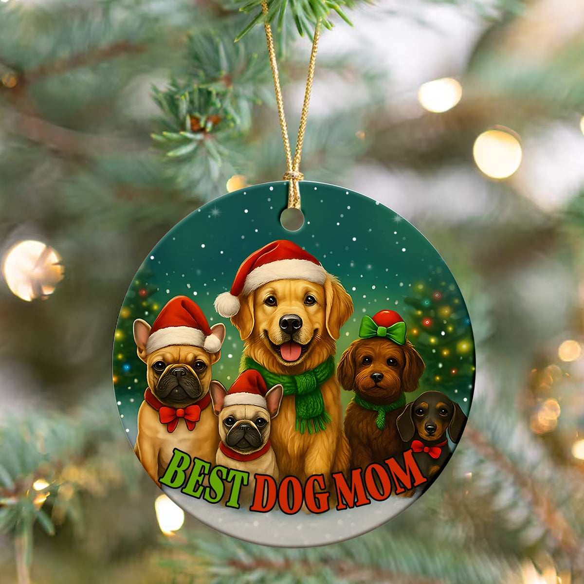 Dog Mom Christmas Ornament, Best Dog Mom Five Dogs Gift, Ceramic Hanging Tree Decoration