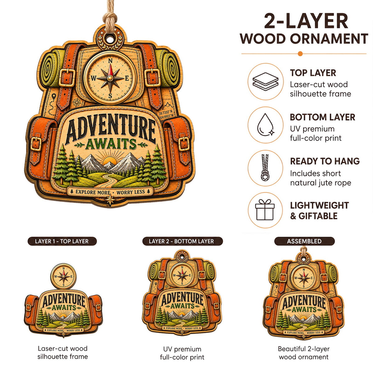 Adventure Awaits Explore Travel Christmas Ornament, Wanderlust Keepsake, Wood Tree Decoration