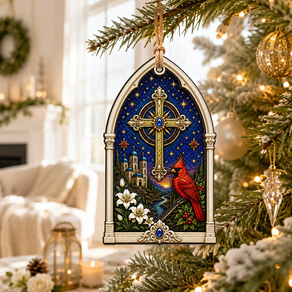 Cardinal And Cross Christmas Ornament, Faith Sympathy Gift, Wood Hanging Tree Decoration