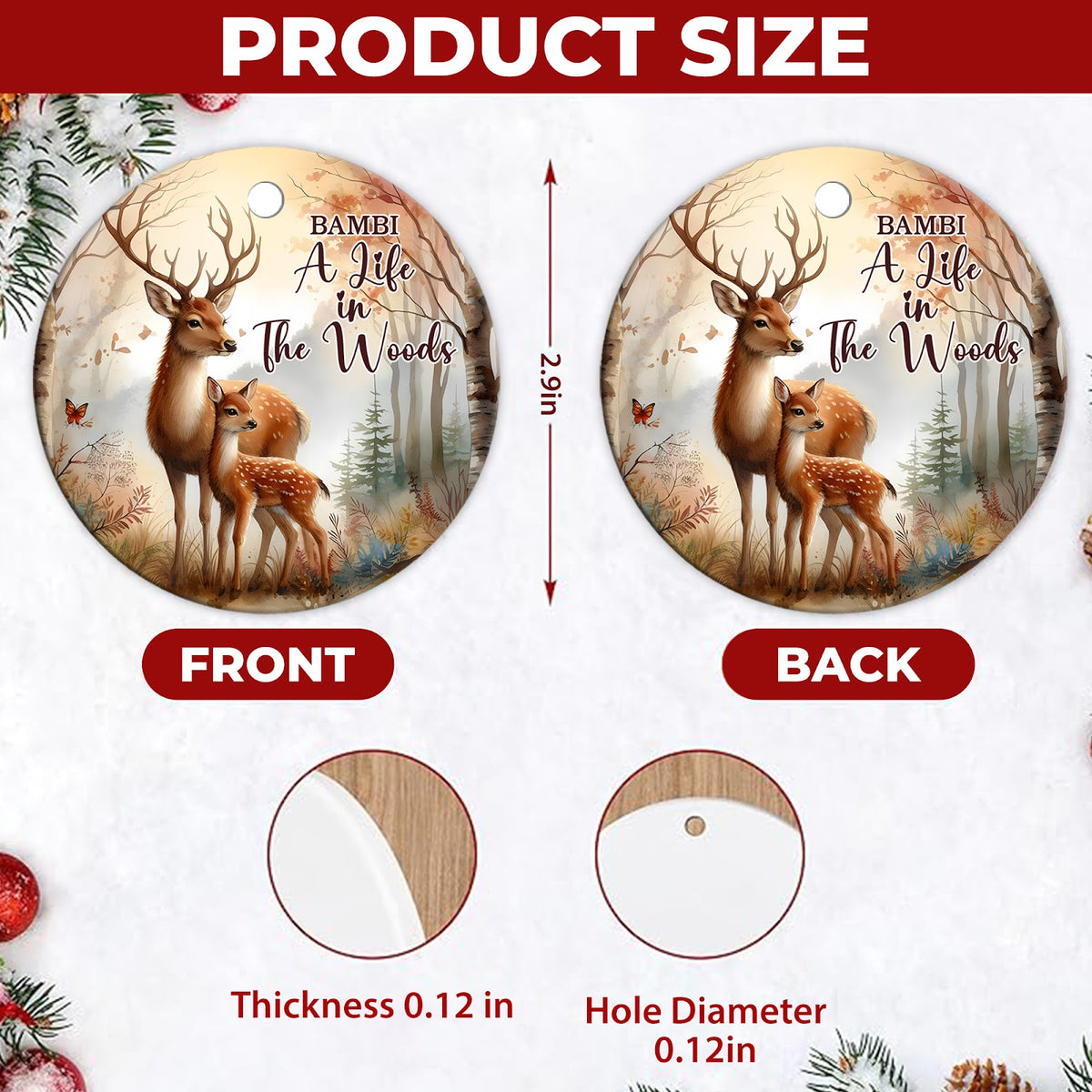 Deer Christmas Ornament, Buck And Fawn Woodland Gift, Ceramic Hanging Tree Decoration