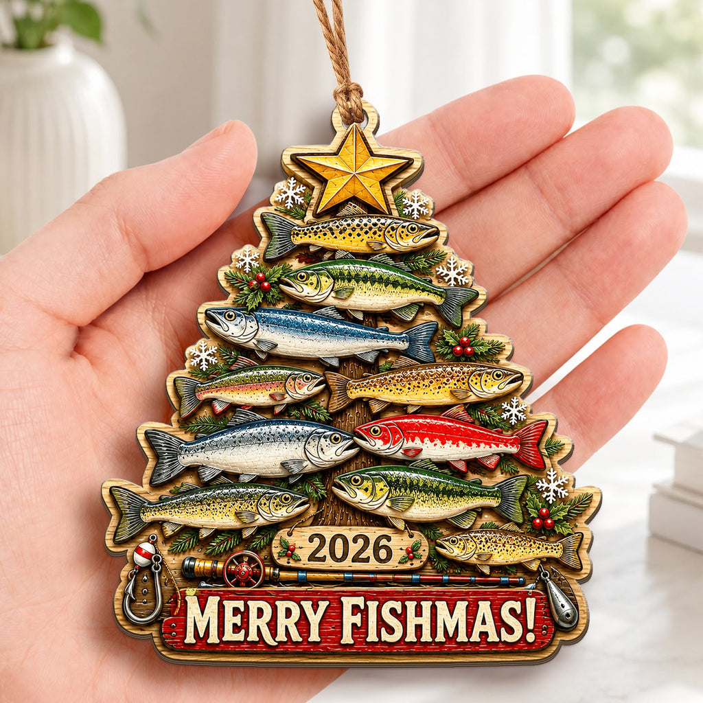 Merry Fishmas Fishing Christmas Ornament, Stocking Stuffer For Angler, Wood Tree Decoration