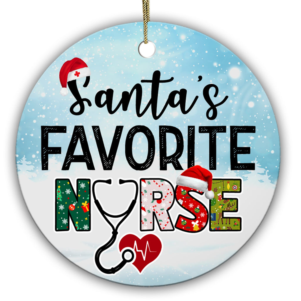Santa Hat and a Stethoscope Curled Into a Heart With a Heartbeat Line on Snowy Blue. Ceramic Keepsake.