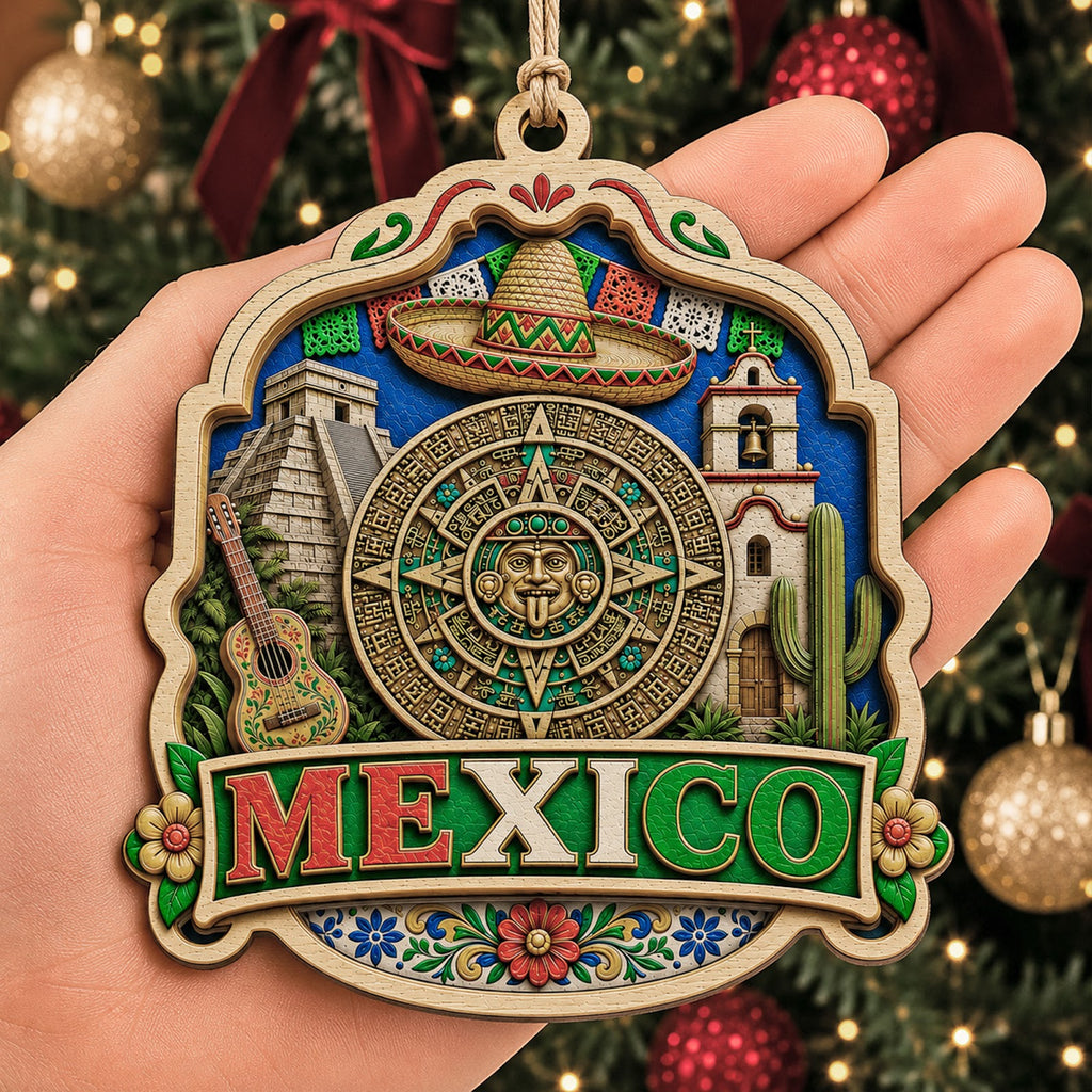 Mexico Christmas Ornament, Mayan Pyramid and Mariachi Souvenir Gift, Wood Tree Decoration