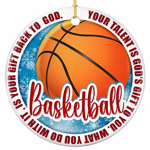 Your Talent Is God's Gift to You. Glossy Basketball on Icy Blue, Ceramic Keepsake for Christian Ballplayers.