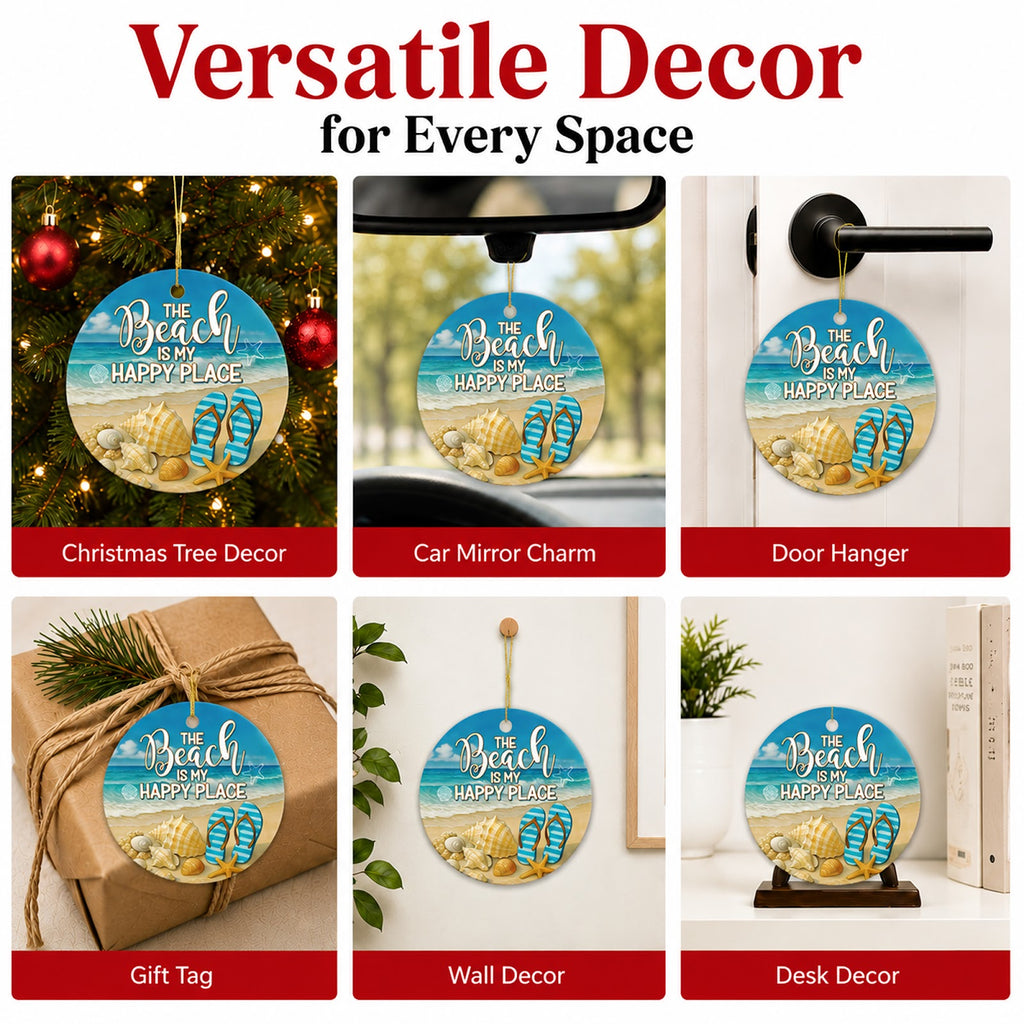 Beach Christmas Ornament, The Beach Is My Happy Place Gift, Ceramic Hanging Tree Decoration