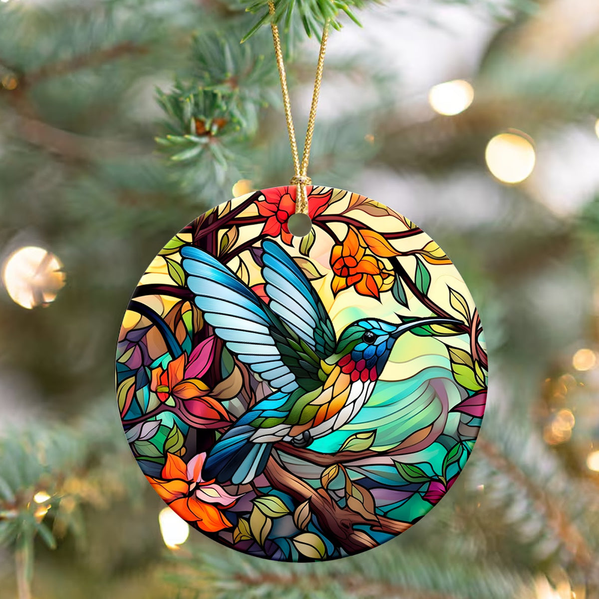 Hummingbird Christmas Ornament, Stained Glass Bird Gift, Ceramic Hanging Tree Decoration