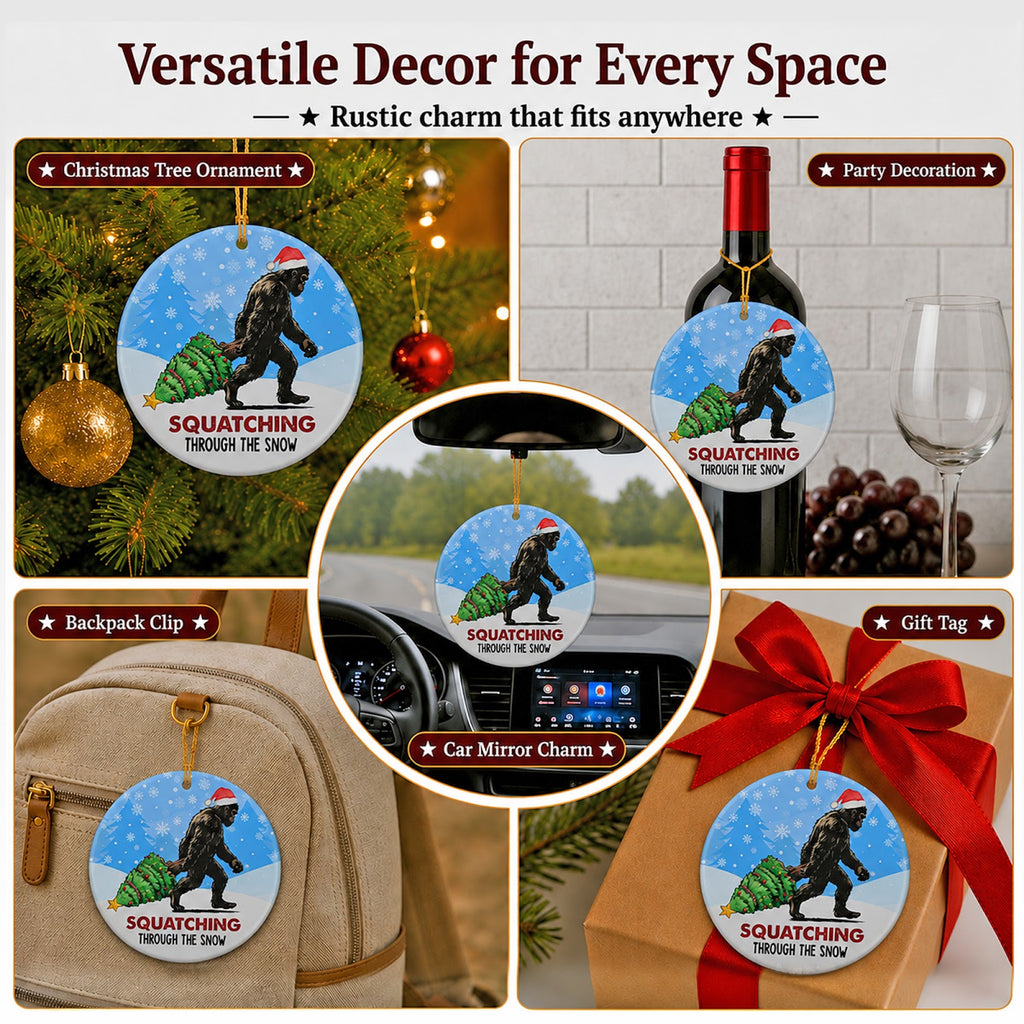 Bigfoot Christmas Ornament, Funny Tree Dragging Novelty Gift, Ceramic Hanging Tree Decoration