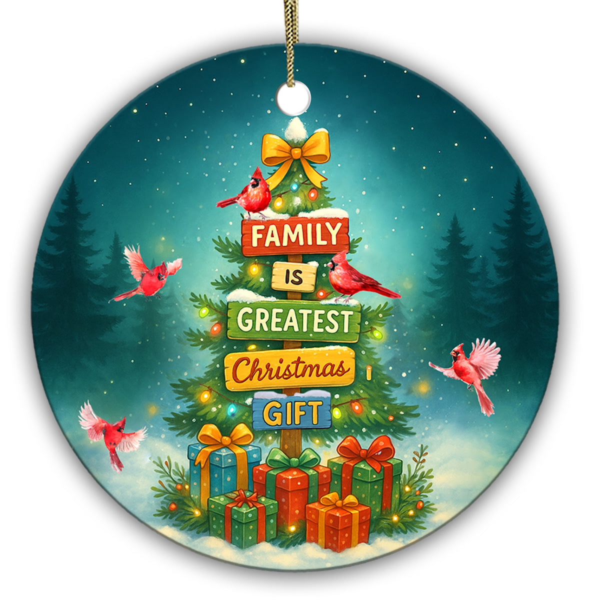 Family Is the Greatest Christmas Gift. Wooden Sign Tree Ringed by Cardinals, Ceramic Family Keepsake.