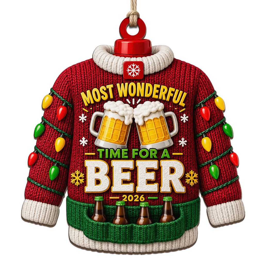 Ugly Sweater Ornament With Beer Mugs, Bottles, And String Lights. Fun Gift For Beer Loving Party Hosts.