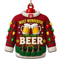 Ugly Sweater Ornament With Beer Mugs, Bottles, And String Lights. Fun Gift For Beer Loving Party Hosts.