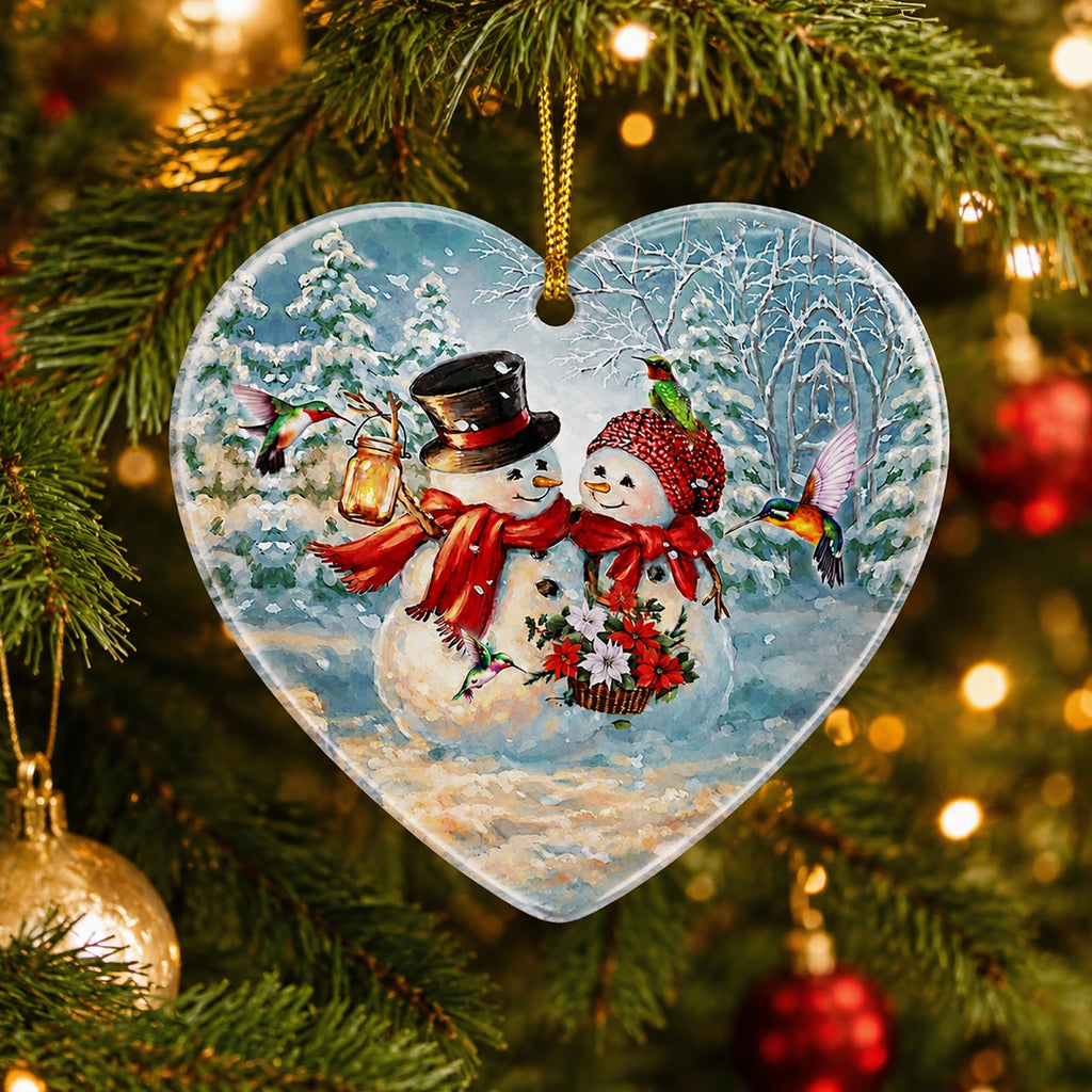 Snowman Couple Christmas Ornament, Hummingbird Heart Shaped Gift, Ceramic Tree Decoration