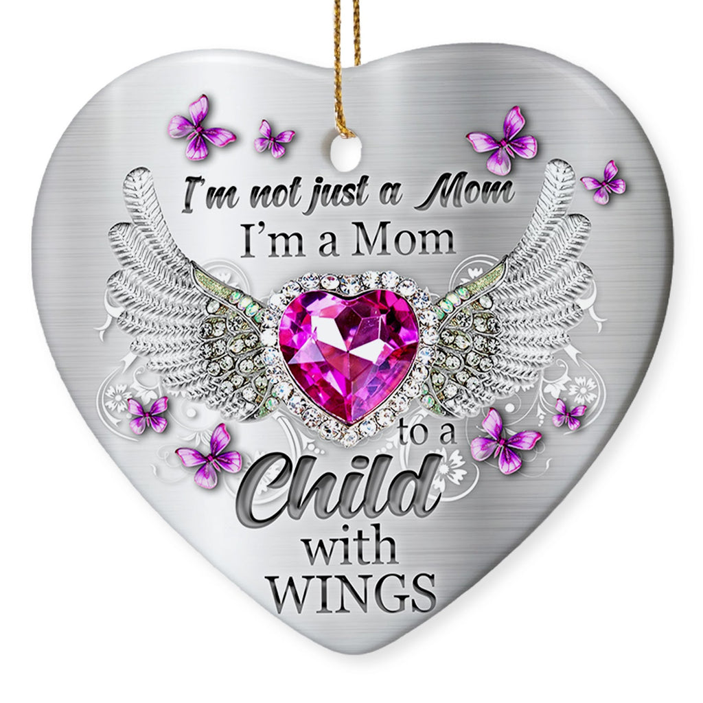 A Faceted Pink Gem Between Feathered Angel Wings With Butterflies. Heart-Shaped Ceramic Memorial Keepsake.