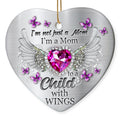A Faceted Pink Gem Between Feathered Angel Wings With Butterflies. Heart-Shaped Ceramic Memorial Keepsake.