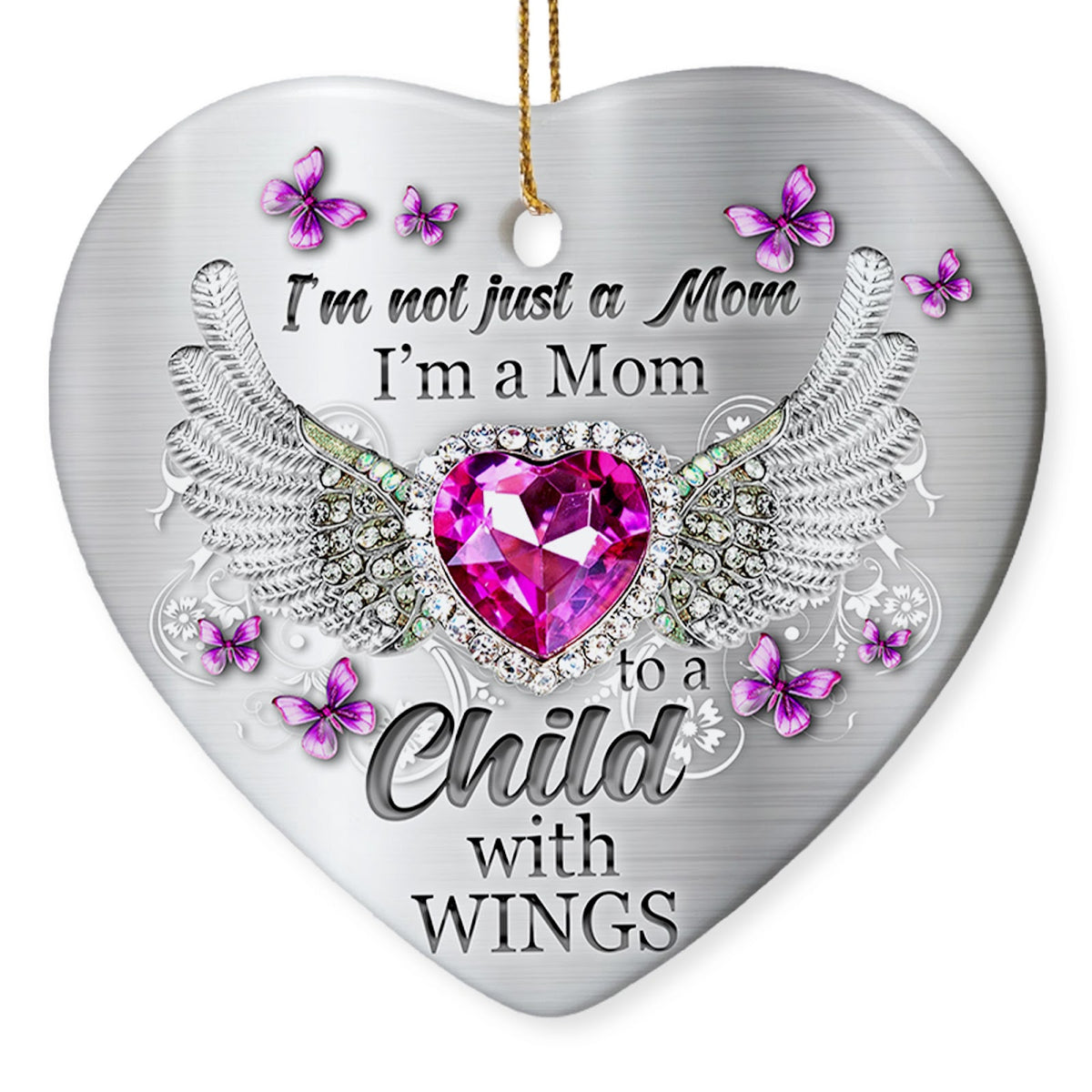 A Faceted Pink Gem Between Feathered Angel Wings With Butterflies. Heart-Shaped Ceramic Memorial Keepsake.