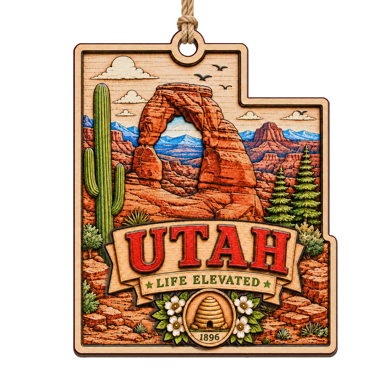Natural Arches and Red Rock Canyon Formations Under a Wide Desert Sky. Wood Keepsake for Southwest Hikers.