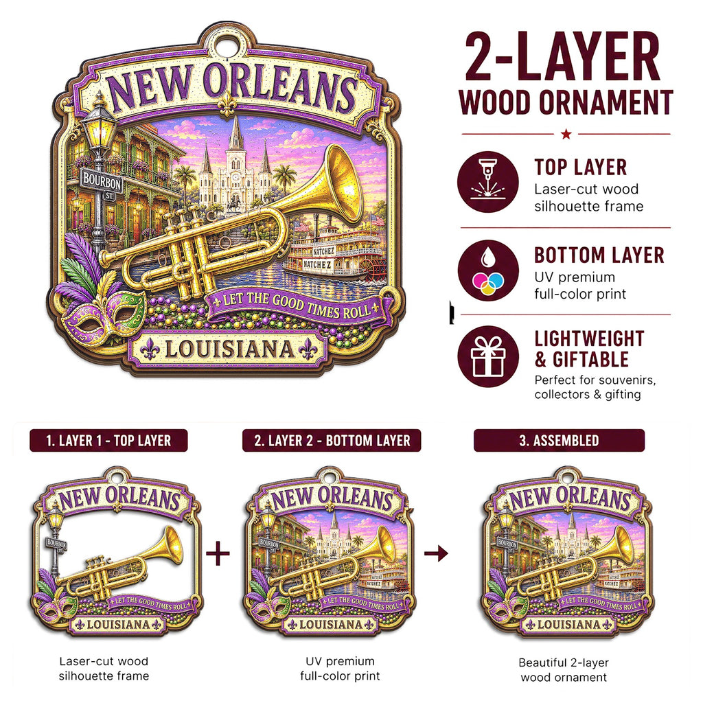 New Orleans Christmas Ornament, Louisiana Jazz Travel Souvenir Gift, Wood Tree Decoration