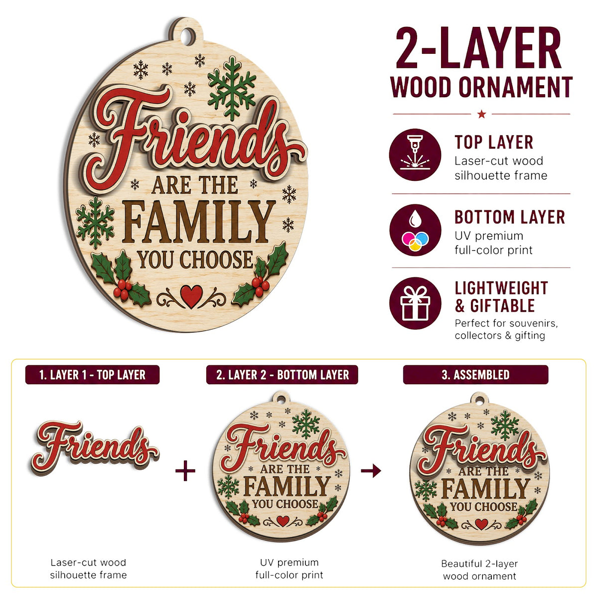 Friends Are The Family Christmas Ornament, BFF Gift For Best Friend, Wood Tree Decoration