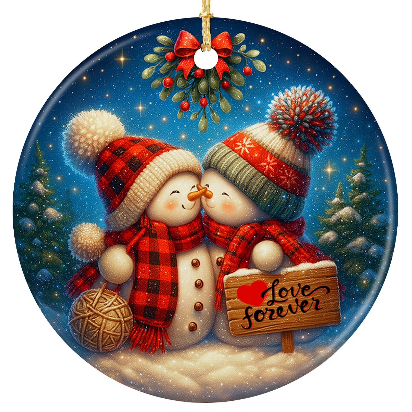Two Snowmen in Plaid Hats and Red Scarves Leaning Cheek to Cheek Under Mistletoe. Ceramic Couple Keepsake.
