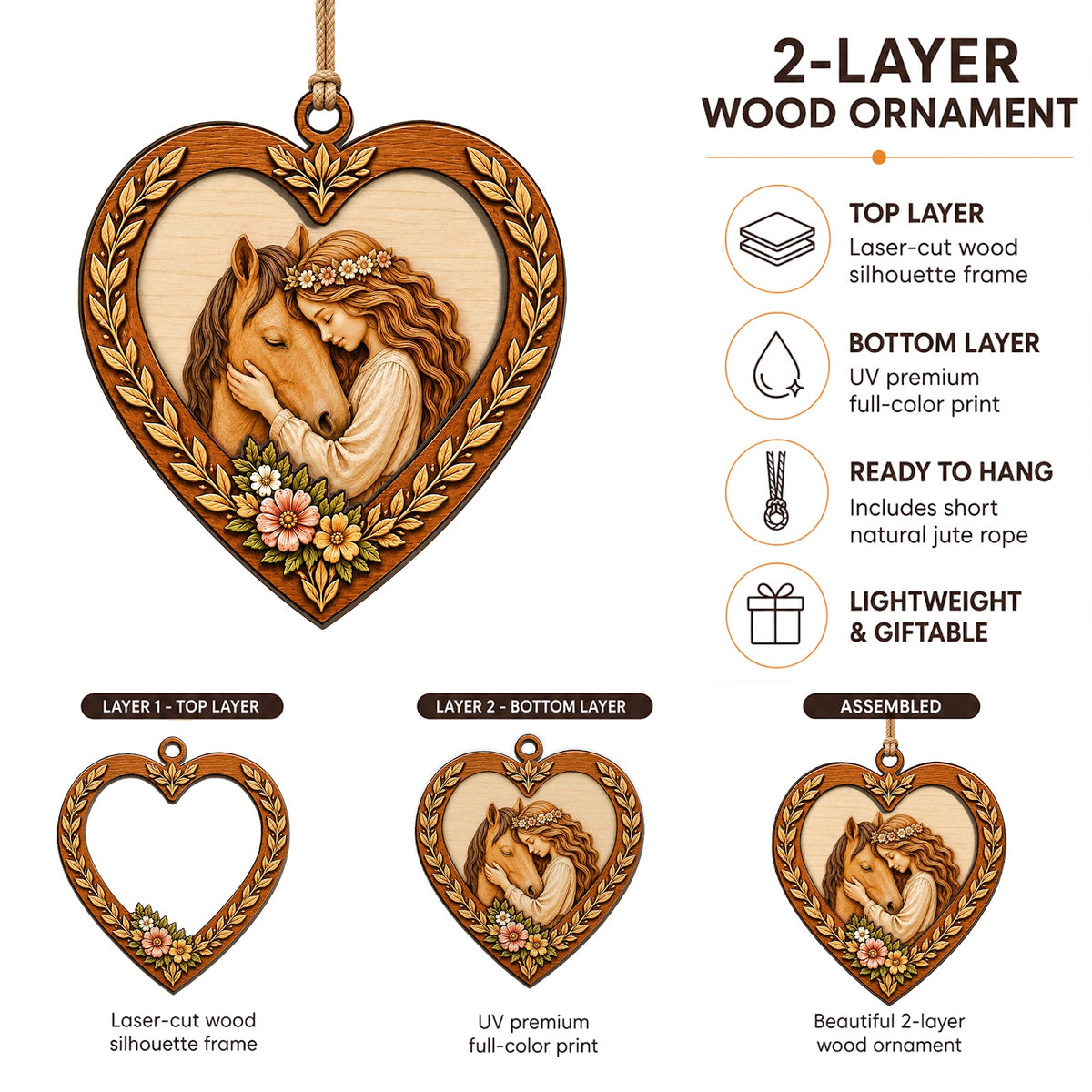 Girl Love Horse Christmas Ornament, Gift For Horse Girl, Wood Hanging Tree Decoration