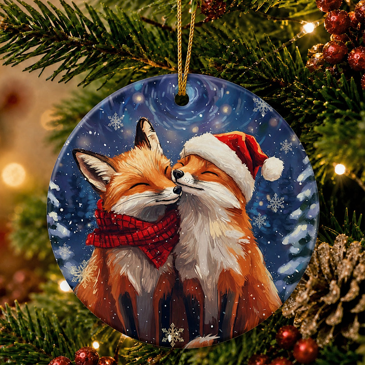 Fox Christmas Ornament, Couples Woodland Animal Love Gift, Ceramic Hanging Tree Decoration