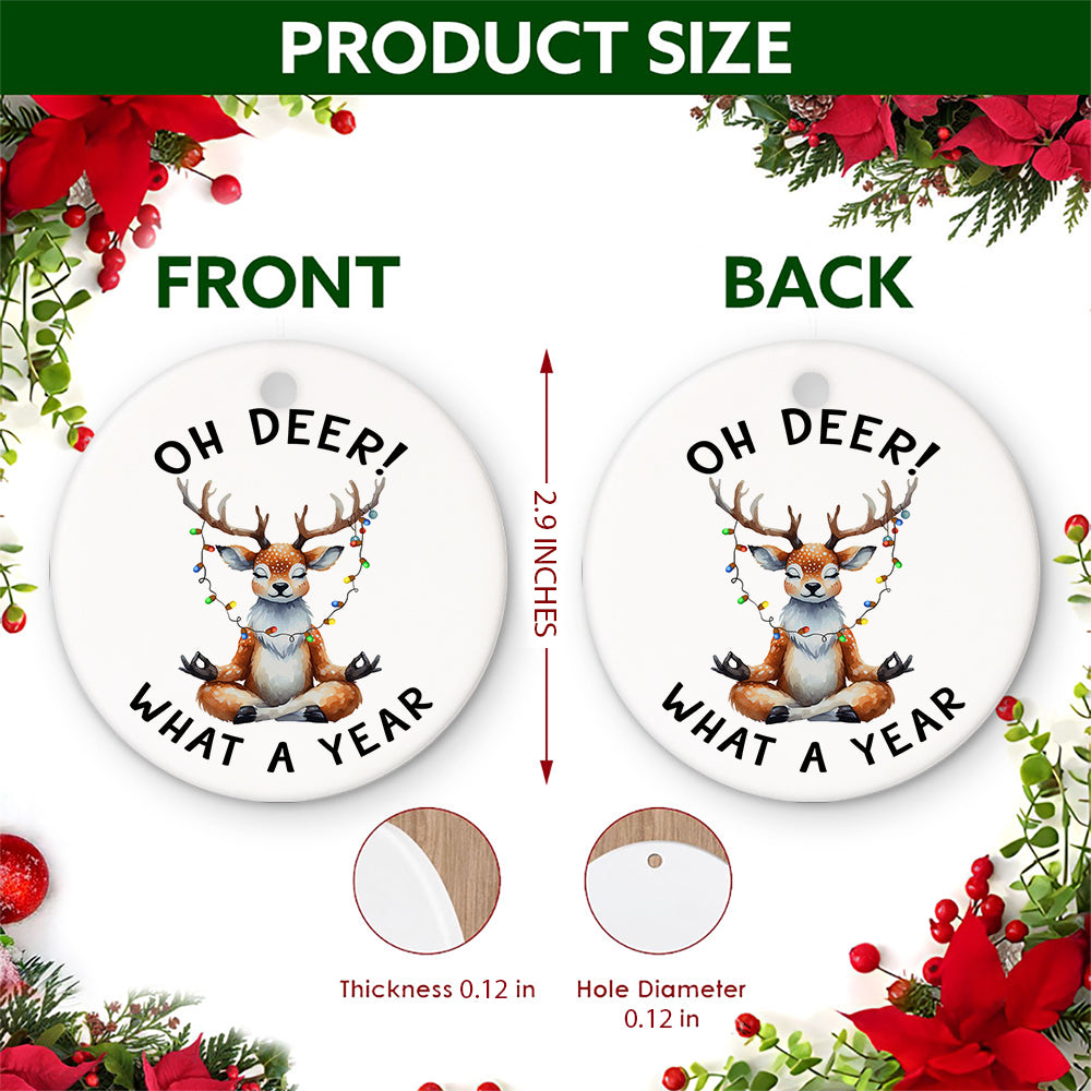 Funny Christmas Ornament, Oh Deer What A Year Yoga Deer Gift Idea, Ceramic Tree Decoration