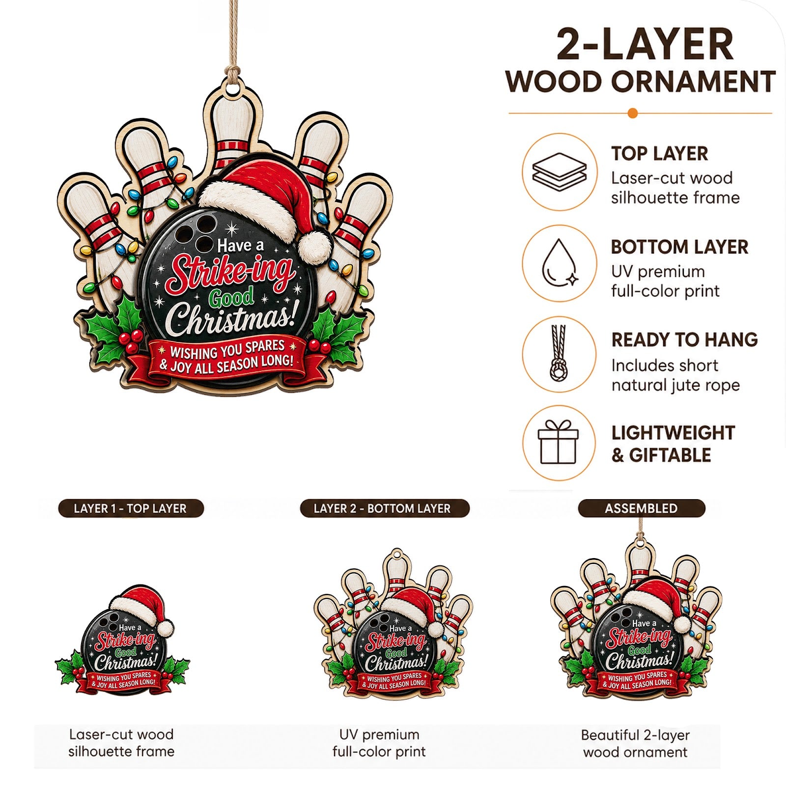 Bowling Pins Wood Christmas Ornament
