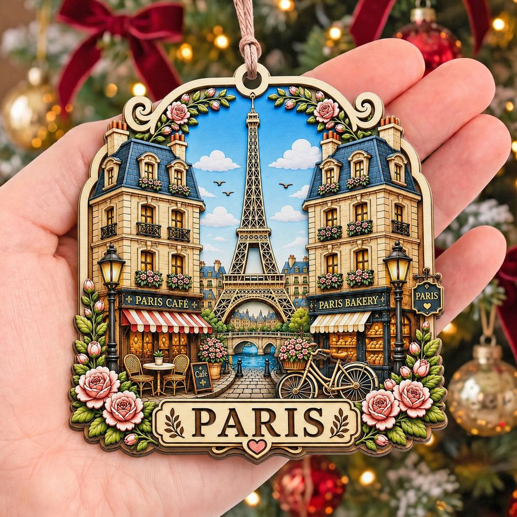 Paris Christmas Ornament, France Eiffel Tower Skyline Souvenir Gift, Wood Tree Decoration