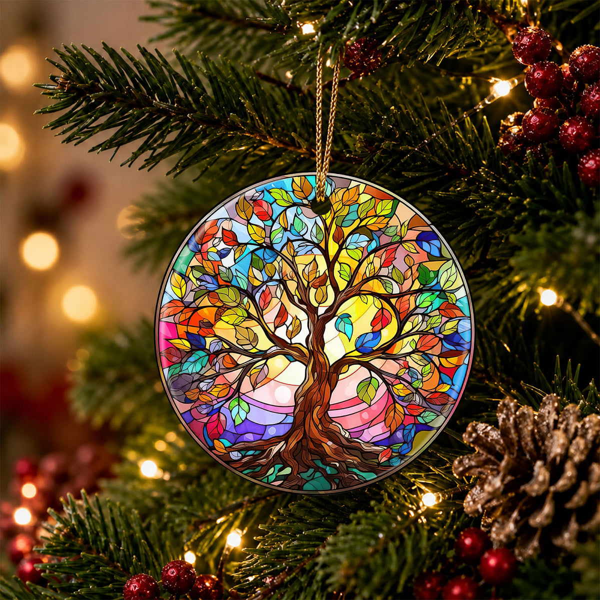 Tree Of Life Christmas Ornament, Stained Glass Rainbow Roots Gift, Ceramic Tree Decoration
