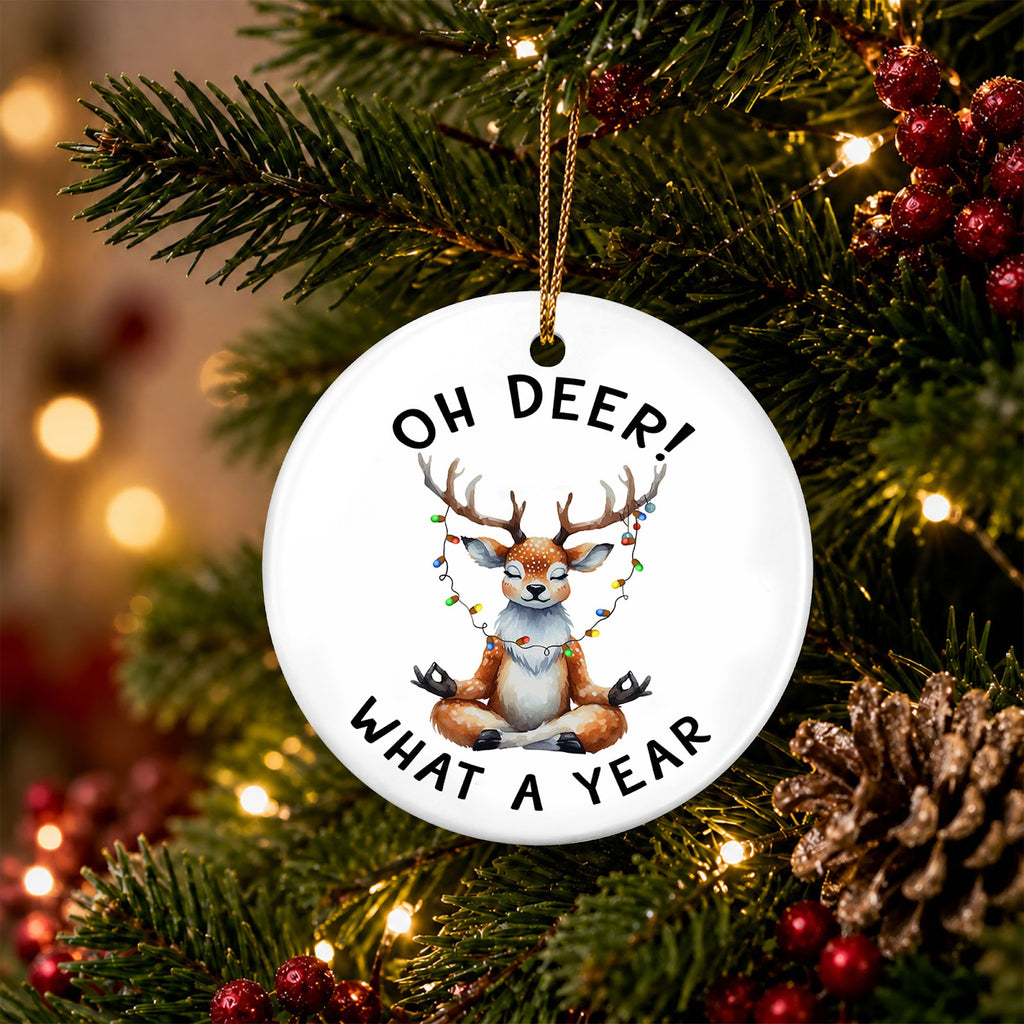 Funny Christmas Ornament, Oh Deer What A Year Yoga Deer Gift Idea, Ceramic Tree Decoration