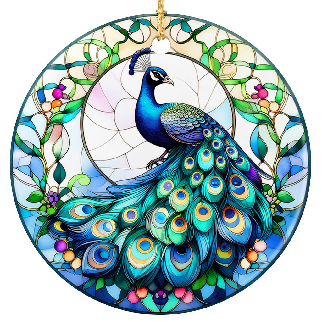Jewel Toned Peacock in Full Plumage Framed by Vines and Berries. Ceramic Keepsake for Bird Lovers.