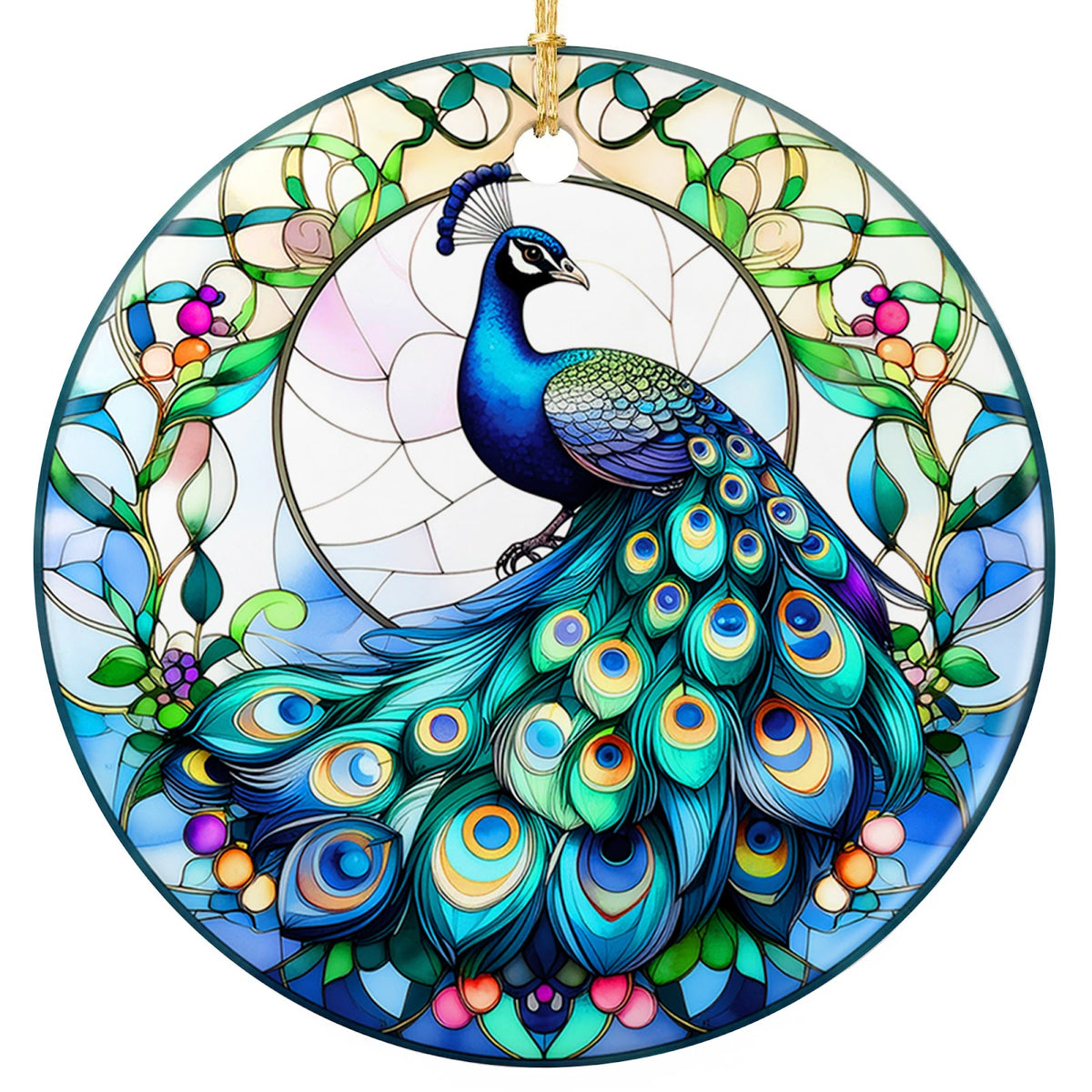 Jewel Toned Peacock in Full Plumage Framed by Vines and Berries. Ceramic Keepsake for Bird Lovers.