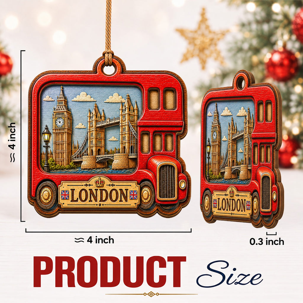London Bus Christmas Ornament, England Tower Bridge Souvenir Gift, Wood Hanging Tree Decoration