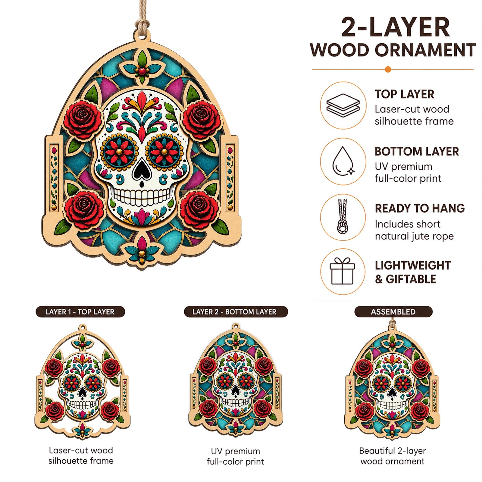 Sugar Skull Dia De Muertos Art Christmas Ornament, Day Of Dead Stocking Stuffer, Wood Ornament