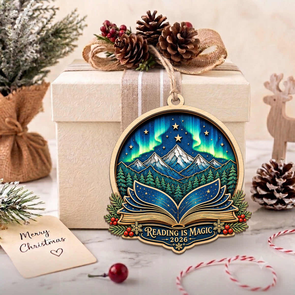 Book Ornament Reader Library Christmas Ornament, Stocking Stuffer For Book Fan, Wood Ornament