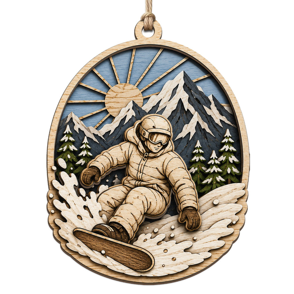 Oval Scene Engraves A Rider Cutting Through Snow Beneath Sunlit Peaks. Great Gift For Snowboarders And Winter Sports Fan