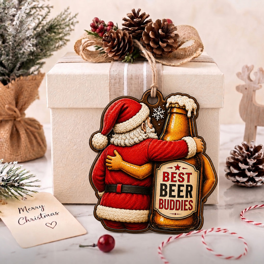 Santa Beer Buddies Wood Christmas Ornament