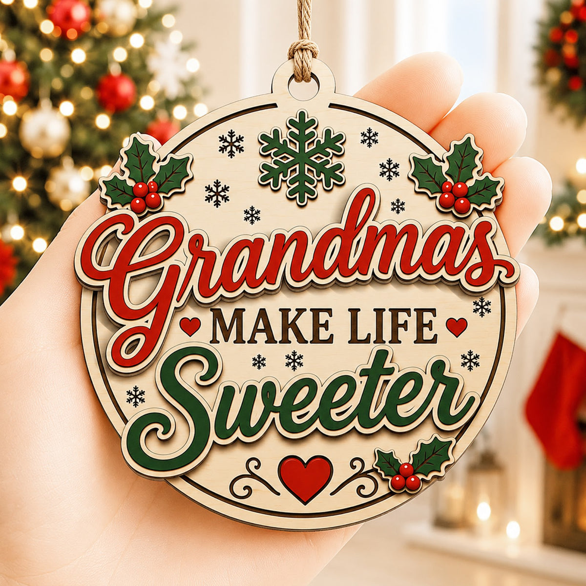 Grandma Sweeter Christmas Ornament, Gift From Grandkids, Wood Hanging Tree Decoration