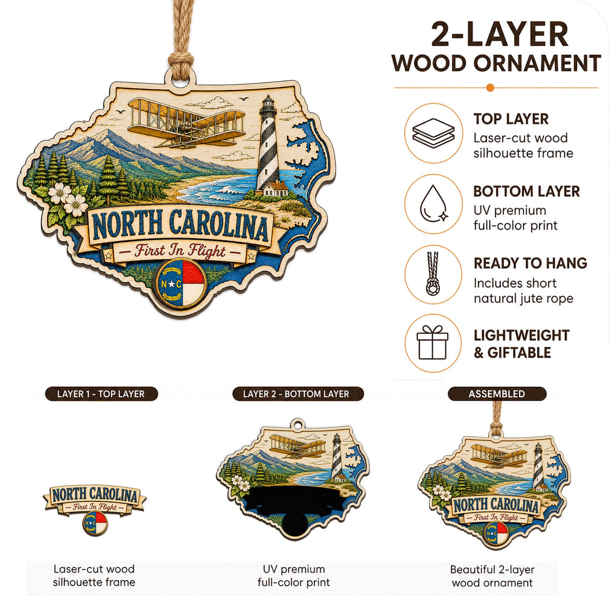 North Carolina Christmas Ornament, Blue Ridge and Outer Banks Souvenir Gift, Wood Ornament